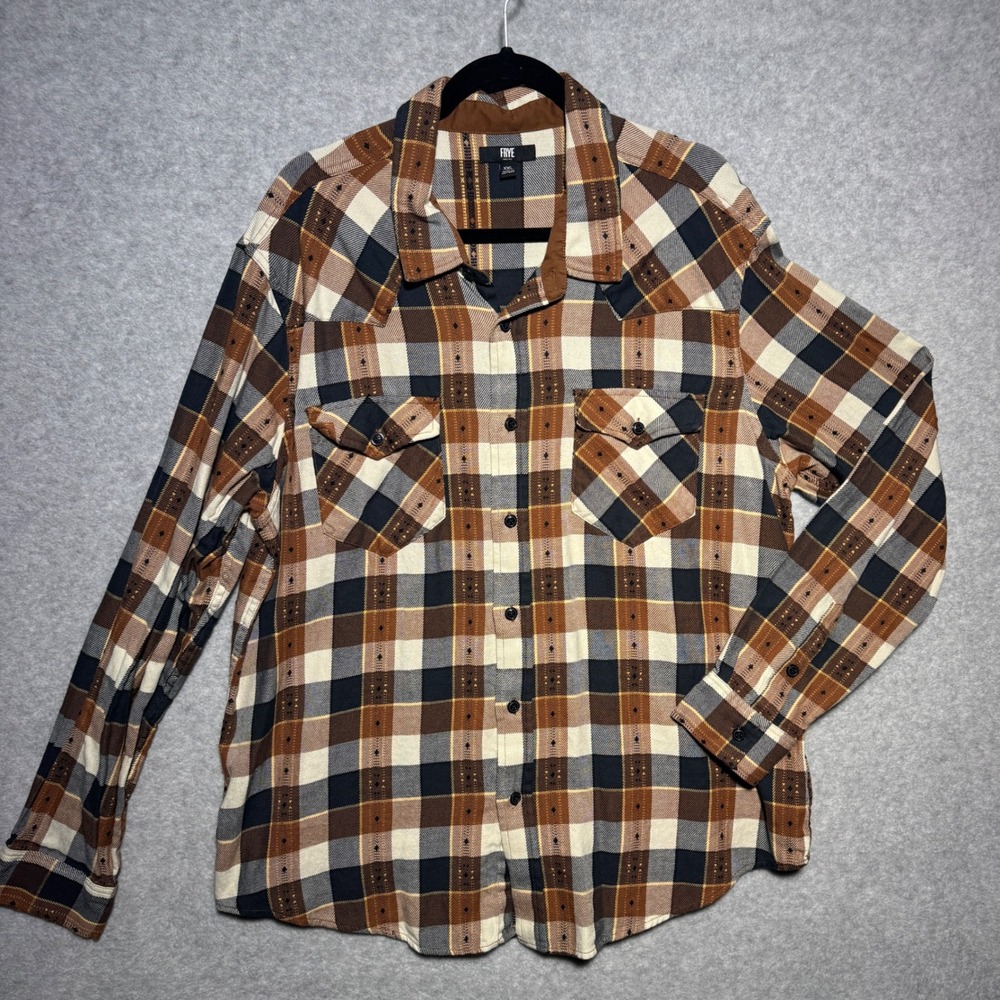 Frye Mens XXL Plaid Button Down Shirt Brown Black Long Sleeve Cotton